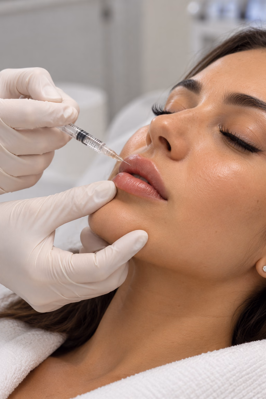 A practitioner performing a lip filler treatment